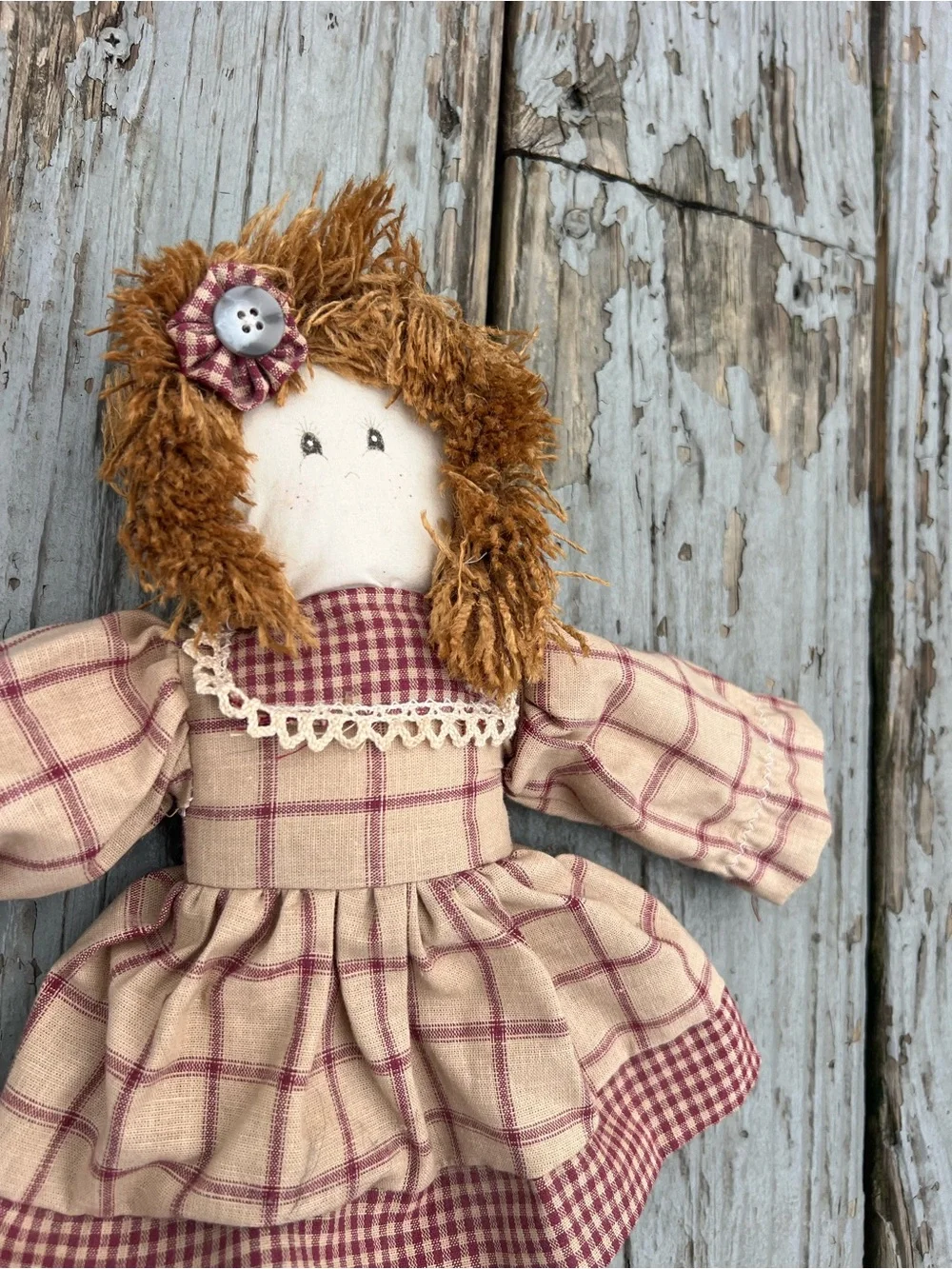 Vintage Beige and Burgundy Plaid Cloth Doll